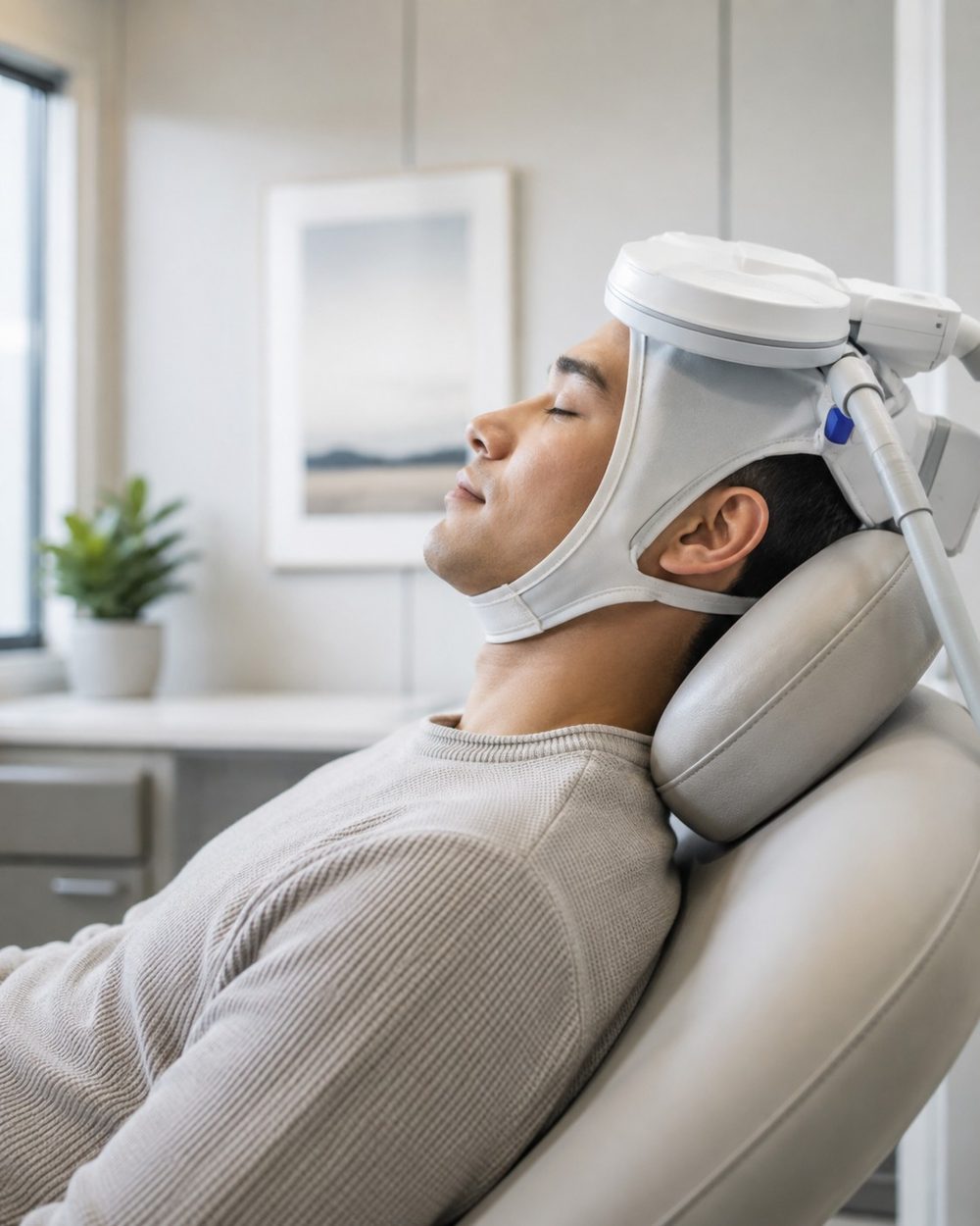 A patient reclining calmly in a treatment chair during a TMS session